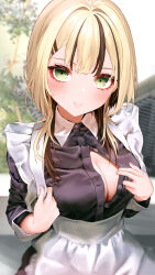 1girl apron black_hair blonde_hair blush breasts cleavage dress green_eyes highres jakusha_shiro kurumi_noah long_hair long_sleeves looking_at_viewer maid maid_apron medium_breasts multicolored_hair no_bra open_clothes open_dress outdoors smile solo streaked_hair sweatdrop unbuttoned virtual_youtuber vspo! white_apron wolf_cut