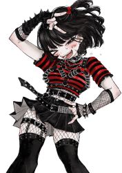 Rule 34 | 1girl, ai sheng fu, belt, black belt, black choker, black eyes, black gloves, black hair, black thighhighs, blush, bow, choker, eyebrows hidden by hair, fingerless gloves, fishnets, gloves, hair bow, half-closed eye, head tilt, highres, looking at viewer, m/, one eye closed, original, red bow, shirt, short hair, smile, solo, striped clothes, striped shirt, thighhighs, white background