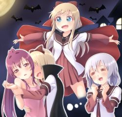 Rule 34 | 3girls, = =, ahoge, arm grab, bat (animal), blonde hair, blood, blue eyes, bow, cape, clenched hands, collarbone, commentary request, fang, grey hair, hair bow, hair intakes, halloween, halloween costume, highres, ikeda chitose, imagining, layered sleeves, long hair, long sleeves, medium hair, moon, multiple girls, nanamori school uniform, night, nosebleed, open mouth, outstretched arms, pontasu, ponytail, purple eyes, purple hair, red bow, sailor collar, school uniform, serafuku, short over long sleeves, short sleeves, sugiura ayano, toshinou kyouko, vampire costume, yuri, yuru yuri