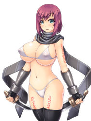 Rule 34 | 1girl, abu, bikini, blue eyes, blush, breasts, covered erect nipples, dual wielding, fingerless gloves, gloves, highres, holding, large breasts, looking at viewer, nel zelpher, red hair, reverse grip, scarf, see-through, short hair, short sword, solo, square enix, star ocean, star ocean till the end of time, swimsuit, sword, tattoo, thighhighs, weapon, white bikini
