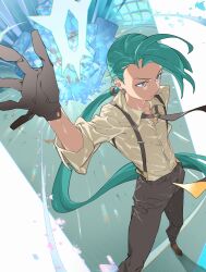 Rule 34 | 1girl, absurdres, ahoge, arm up, bright pupils, brown eyes, brown footwear, buttons, closed mouth, collared shirt, commentary request, creatures (company), earrings, frown, game freak, gloves, green hair, highres, jewelry, long hair, necktie, nintendo, pants, pokemon, pokemon sv, ponytail, pretty-purin720, rika (pokemon), shirt, shoes, sleeves rolled up, solo, standing, stud earrings, suspenders