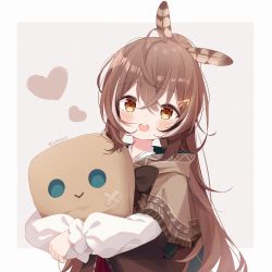 Rule 34 | 1girl, :&gt;, :d, aged down, ahoge, bad id, bad twitter id, blue eyes, blush, brown capelet, brown cloak, brown eyes, brown feathers, brown hair, brown vest, capelet, cloak, commentary, crossed bandaids, deyui, feather hair ornament, feathers, friend (nanashi mumei), frilled shirt, frills, fringe trim, grey background, hair between eyes, hair ornament, heart, highres, hololive, hololive english, hood, hood down, hooded capelet, long hair, long sleeves, looking at viewer, multicolored hair, nanashi mumei, hugging object, official alternate costume, open mouth, ponytail, puffy long sleeves, puffy sleeves, red skirt, shirt, skirt, sleeves past wrists, smile, streaked hair, stuffed toy, teeth, twitter username, two-tone background, upper teeth only, very long hair, vest, virtual youtuber, white shirt