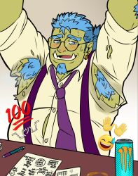 Rule 34 | 1boy, armpits, bara, belly, blush, colored skin, embarrassed, excessive armpit hair, fat, fat man, glasses, green skin, highres, looking at viewer, loose necktie, male focus, monster boy, necktie, office, onlytusks, orc, original, orson (onlytusks), photo-referenced, pointy ears, round eyewear, salaryman, shirt, short hair, solo, sweat, torn clothes, torn shirt, tusks, ugly man, upper body