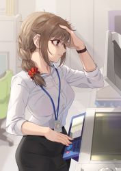 Rule 34 | 1girl, bags under eyes, black skirt, bra visible through clothes, braid, bralines, brown eyes, brown hair, chair, closed mouth, collared shirt, commentary request, dress shirt, furrowed brow, hair ornament, hair scrunchie, hand in own hair, id card, idolmaster, idolmaster cinderella girls, indoors, kamille (vcx68), lanyard, long sleeves, office chair, office lady, pencil skirt, photocopier, red scrunchie, scrunchie, see-through, senkawa chihiro, shirt, skirt, solo, standing, swivel chair, white shirt
