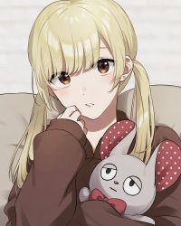 Rule 34 | 1girl, bad id, bad pixiv id, blonde hair, brown eyes, brown sweater, commentary request, earrings, head tilt, highres, holding, holding stuffed toy, jewelry, long sleeves, looking at viewer, original, parted lips, solo, stud earrings, stuffed animal, stuffed mouse, stuffed toy, sweater, twintails, unapoppo, upper body