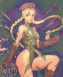 Rule 34 | 1girl, bare shoulders, braid, cammy white, capcom, clenched hand, covered abs, covered erect nipples, fingerless gloves, fingernails, fujii eishun, gloves, green eyes, green leotard, hair between eyes, hat, highres, leotard, muscular, muscular female, parted lips, pink lips, red gloves, red hat, solo, street fighter, turtleneck, twin braids, twintails