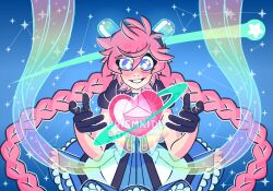 Rule 34 | 1girl, artist name, black gloves, blue background, blue eyes, blush, braid, commentary, constellation, dress, english commentary, facial mark, gloves, hair between eyes, heart, looking at object, mixed-language commentary, pink hair, prismkidd, rana (vocaloid), ranagain, solo, teeth, twin braids, vocaloid