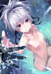 Rule 34 | 1girl, absurdres, arm support, black gloves, breasts, bubble, darker than black, from above, gloves, hair ribbon, high ponytail, highres, kawakami rokkaku, long hair, looking at viewer, navel, nipples, nude, parted lips, petite, ponytail, purple eyes, reaching, reaching towards viewer, ribbon, scan, silver hair, sitting, small breasts, solo focus, thigh gap, underwater, water, yin (darker than black)