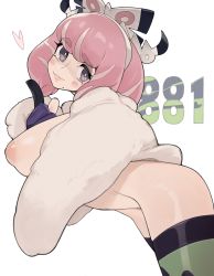 Rule 34 | 1girl, aioi u, asymmetrical legwear, bow, breasts, censored, creatures (company), game freak, hair bow, hairband, highres, klara (pokemon), large areolae, large breasts, legs, lips, lipstick, looking at viewer, makeup, mismatched legwear, mole, mole under mouth, nintendo, nipples, parted lips, pink hair, pokemon, pokemon swsh, puffy nipples, purple eyes, pussy, short hair, simple background, solo, thighhighs, white background