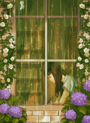 Rule 34 | 1girl, brown hair, closed mouth, commentary request, flower, from outside, long hair, muraicchi (momocchi), original, profile, purple flower, rain, shirt, short sleeves, solo, white flower, white shirt, window, writing