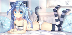 Rule 34 | 1girl, animal ear fluff, animal ears, ass, bare arms, bare shoulders, bed sheet, black bow, black bra, black panties, blue bow, blue eyes, blue hair, blush, bow, bow bra, bra, breasts, cat ears, cat girl, cat hair ornament, cat tail, clothing cutout, collarbone, commentary request, flower, frilled bra, frilled panties, frills, full body, hair between eyes, hair bow, hair ornament, hairband, headband, legs up, long hair, looking at viewer, lying, on stomach, open mouth, original, panties, parted lips, picture frame, pillow, polka dot, polka dot bra, polka dot panties, saeki sora, signature, small breasts, soles, solo, striped clothes, striped thighhighs, tail, tail raised, tail through clothes, thighhighs, twintails, underwear, underwear only, vertical stripes, very long hair, white flower, white hairband