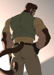 Rule 34 | 1boy, animal ears, ass, bandaged tail, bara, beard, beige pants, body fur, brown fur, brown hair, dobito mn, facial hair, feet out of frame, green jacket, highres, jacket, male focus, mature male, monkey boy, monkey ears, monkey tail, muscular, muscular male, original, shirt, short hair, sleeveless, sleeveless jacket, solo, sunset, tail, thick eyebrows, thick thighs, thighs, yellow shirt