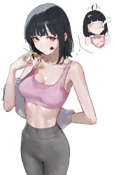 1girl absurdres arm_behind_back black_hair black_pants breasts brown_eyes candy cigarette closed_mouth dated_commentary facial_tattoo food highres holding holding_candy holding_food holding_lollipop lollipop mac_star medium_breasts midriff multiple_views original pants pink_sports_bra short_hair simple_background smoking sports_bra star_tattoo tattoo white_background yoga_pants