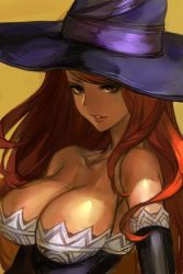 Rule 34 | 1girl, bare shoulders, breasts, brown eyes, brown hair, cleavage, collarbone, dragon&#039;s crown, elbow gloves, gloves, grin, hat, hungry clicker, large breasts, lips, long hair, looking at viewer, naughty face, neck, orange hair, smile, solo, sorceress (dragon&#039;s crown), strapless, upper body, vanillaware, witch hat, yellow background