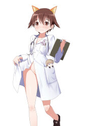 Rule 34 | 1girl, absurdres, animal ears, bkf3110, blush, bottomless, breasts, brown eyes, brown hair, closed mouth, coat lift, dog ears, doll, highres, lab coat, lifted by self, lynette bishop, miyafuji yoshika, no panties, nurse, shiny skin, short hair, small breasts, solo, strike witches, world witches series
