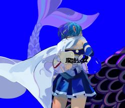 Rule 34 | 1girl, absurdres, arms behind back, blue background, blue hair, blue skirt, blue theme, cape, elbow gloves, feet out of frame, fins, fish tail, gloves, highres, mahou shoujo madoka magica, mahou shoujo madoka magica (anime), mihifu, miki sayaka, pleated skirt, shadow, short hair, skirt, solo, tail, white cape, white gloves
