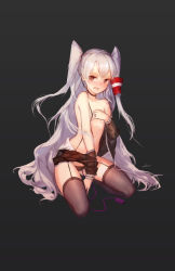 Rule 34 | 10s, 1girl, amatsukaze (kancolle), artist name, between legs, black panties, black thighhighs, breasts, breath, clothes pull, collarbone, covering privates, covering breasts, drooling, fang, full body, garter straps, grey background, grey hair, hair tubes, hair tubes removed, hand between legs, unworn headgear, heart, heart-shaped pupils, highres, kantai collection, kneeling, long hair, looking at viewer, messy hair, off shoulder, open mouth, panties, pussy juice, remote control vibrator, saliva, sex toy, simple background, small breasts, solo, swd3e2, symbol-shaped pupils, thighhighs, two side up, underwear, undressing, very long hair, vibrator, vibrator under clothes, vibrator under panties