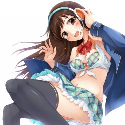 Rule 34 | 10s, 1girl, :d, bare shoulders, black thighhighs, blue jacket, blush, bow, bowtie, bra, breasts, brown eyes, brown hair, cleavage, crop top, frilled skirt, frills, front-tie top, hair tie, hand on own head, head tilt, headphones, heart, heart necklace, idolmaster, idolmaster cinderella girls, jacket, jewelry, long hair, long sleeves, midriff, minami machi, miniskirt, navel, necklace, nitta minami, off shoulder, open clothes, open jacket, open mouth, pendant, plaid, plaid bra, plaid skirt, pleated skirt, simple background, skirt, smile, solo, thighhighs, thighs, underwear, white background