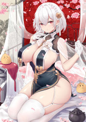 Rule 34 | 1girl, absurdres, azur lane, bird, blush, braid, branch, breast curtains, breasts, cherry blossoms, chick, china dress, chinese clothes, chitu hefeng zhong, cleavage, dress, garter straps, gloves, grey dress, hair between eyes, hair ornament, half gloves, highres, large breasts, looking at viewer, manjuu (azur lane), neckwear between breasts, open mouth, pelvic curtain, petals, red eyes, revealing clothes, see-through, seiza, short hair, side braid, sirius (azur lane), sirius (azure horizons) (azur lane), sitting, skindentation, thighhighs, thighs, turret, white gloves, white hair, white thighhighs