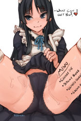 Rule 34 | 1girl, akiyama mio, apron, artist name, black dress, black hair, black panties, blue eyes, body writing, cameltoe, closed mouth, clothes lift, commentary, crotch seam, dress, dress lift, english commentary, english text, heart, highres, k-on!, lifting own clothes, long hair, maid, panties, seraziel, simple background, solo, sweat, underwear, white apron, white background