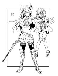 Rule 34 | 2girls, alpha (acerailgun), android, armor, armored boots, belt, blush, boots, borrowed character, breasts, cleavage, dress, erica (acerailgun), eudetenis, full body, greaves, greyscale, gun, hair ornament, height difference, highres, horns, joints, long hair, monochrome, multiple girls, open mouth, original, outstretched arm, rifle, robot joints, shoulder armor, single pauldron, small breasts, smile, pauldrons, thigh boots, thighhighs, vambraces, weapon, zettai ryouiki