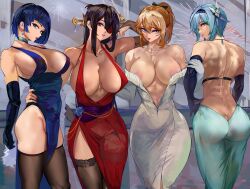 Rule 34 | 4girls, absurdres, alternate costume, aqua dress, areola slip, arm around waist, ass, back, backless dress, backless outfit, beidou (genshin impact), black gloves, black hair, black hairband, black thighhighs, blonde hair, blue dress, blue eyes, blue hair, breasts, butt crack, butterfly hair ornament, dangle earrings, dress, earrings, elbow gloves, eula (genshin impact), fireworks, genshin impact, gloves, gradient hair, green eyes, groin, hair ornament, hair stick, hairband, halterneck, highres, jean (genshin impact), jewelry, large breasts, locked arms, long hair, looking at viewer, loooyd, multicolored hair, multiple girls, necklace, new year, pelvic curtain, pencil dress, ponytail, red dress, red eyes, red nails, short hair, side-by-side, side slit, sleeveless, sleeveless dress, strapless, strapless dress, thighhighs, toned, white dress, white gloves, yelan (genshin impact)