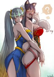 Rule 34 | 2girls, ?, ahri (league of legends), alternate eye color, animal ears, aura, bare arms, bare shoulders, black hair, blonde hair, blue dress, blush, breasts, breasts on another&#039;s back, cleavage, collarbone, confused, corruption, cowboy shot, crown, dark persona, dress, finger in another&#039;s mouth, finger to mouth, fox ears, fox girl, fox tail, from side, glowing, glowing eyes, grabbing, gradient hair, green eyes, grey hair, holding hands, hug, hug from behind, huge breasts, interlocked fingers, large breasts, league of legends, lolboja, long hair, looking at another, looking back, looking inside, low neckline, multicolored hair, multiple girls, open mouth, possessed, possession, pout, red dress, riot games, ruination, saliva, sona (league of legends), spoken question mark, standing, strapless, strapless dress, sweat, tail, tearing up, tears, teeth, twintails, vastaya, very long hair, viego (league of legends), white background, white tail, yellow eyes, you gonna get raped, yuri