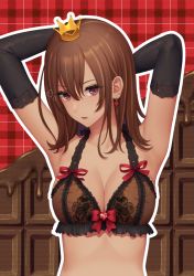 Rule 34 | 1girl, aimori meguru, arms behind head, bare shoulders, black gloves, bow, bow bra, bra, breasts, brown bra, brown eyes, brown hair, candy, chocolate, chocolate bar, cleavage, commentary request, crown, earrings, elbow gloves, food, food-themed background, frilled bra, frills, gloves, hair between eyes, heart, heart earrings, jewelry, lace, lace-trimmed gloves, lace trim, looking at viewer, medium breasts, melting, mini crown, original, parted lips, plaid, plaid background, red background, solo, underwear, underwear only, upper body, valentine, wavy hair