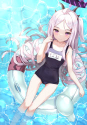 Rule 34 | 1girl, afloat, ahoge, blue archive, blue one-piece swimsuit, collarbone, commentary request, demon girl, demon horns, forehead, from above, frown, hair ornament, hairclip, halo, highres, hina (blue archive), hina (swimsuit) (blue archive), horns, in water, innertube, long hair, looking at viewer, looking up, name tag, ocean, official alternate costume, old school swimsuit, one-piece swimsuit, one side up, parted bangs, purple eyes, school swimsuit, sidelocks, sleeveless, solo, swim ring, swimsuit, translation request, wet, wet clothes, wet swimsuit, whistle, whistle around neck, white hair, yeolyeo