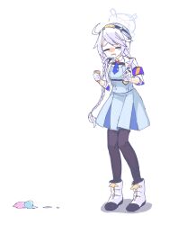 Rule 34 | 1girl, ahoge, black pantyhose, blue archive, boots, braid, chest harness, closed eyes, dress, food, gloves, gomashimashio, grey dress, halo, harness, hat, highres, holding, holding food, holding ice cream cone, ice cream, ice cream cone, jacket, kirino (blue archive), long hair, necktie, open mouth, pantyhose, police, police hat, police uniform, policewoman, purple halo, purple necktie, shadow, shirt, simple background, solo, standing, swept bangs, twin braids, twintails, uniform, v-shaped eyebrows, very long hair, white background, white footwear, white gloves, white hair, white jacket, white shirt