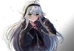 Rule 34 | 1girl, ahoge, commission, cosplay, dress, green eyes, grey dress, hand on headphones, headphones, highres, hotaruby, light smile, long hair, long sleeves, looking at viewer, marianne winterlune, neckerchief, project sekai, red neckerchief, second-party source, simple background, solo, the 4 sigils - the malice of winter, white hair, yoisaki kanade, yoisaki kanade (cosplay)