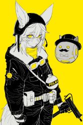 Rule 34 | 1girl, animal ears, belt, blush, canteen, character name, closed mouth, commentary request, ears through headwear, finger on trigger, fox ears, gloves, goggles, goggles around neck, gun, hair between eyes, helmet, highres, holding, holding gun, holding weapon, hololive, kakult2017, long sleeves, looking at viewer, microphone, omaru polka, partially colored, simple background, solo, submachine gun, utility belt, virtual youtuber, weapon, yellow background, yellow eyes, zain (omaru polka)