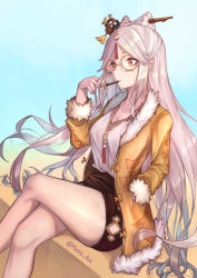 Rule 34 | 1girl, absurdres, alternate costume, breasts, casual, cleavage, food, fur trim, genshin impact, glasses, hair ornament, hairpin, half updo, hand in pocket, hand up, highres, jacket, jewelry, crossed legs, long hair, looking away, medium breasts, miniskirt, necklace, ningguang (genshin impact), open clothes, open jacket, pencil skirt, pocky, radishkek, red eyes, shirt, shirt tucked in, silver hair, sitting, skirt, solo, thighs, very long hair, white shirt, yellow jacket
