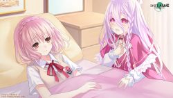 Rule 34 | 2girls, bed, bedroom, child, closed mouth, date a live, date a live: spirit pledge, highres, indoors, long hair, long sleeves, mother and daughter, multiple girls, pillow, pink hair, purple hair, red eyes, red ribbon, ribbon, shirt, short hair, smile, sonogami rinne, sonogami rio, white shirt, wide-eyed