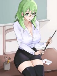 Rule 34 | 1girl, absurdres, alternate costume, black thighhighs, breasts, byleth (female) (fire emblem), byleth (fire emblem), chair, chalkboard, classroom, cleavage, contemporary, desk, dress shirt, envelope, female focus, fire emblem, fire emblem: three houses, glasses, green eyes, green hair, highres, holding, large breasts, long sleeves, medium hair, nintendo, on desk, parted lips, pencil, pencil skirt, pointer, shirt, sitting, on desk, skirt, smash invitation, solo, super smash bros., teacher, thighhighs, thighs, tommy (kingdukeee), twitter username, zettai ryouiki