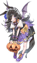 Rule 34 | 1girl, absurdres, animal ears, black gloves, black hair, blush, boots, bow, bowtie, bucket, candy, commentary request, fang, flower, food, frilled hairband, frills, full body, gloves, hair flower, hair ornament, hair over one eye, hairband, halloween bucket, haruyuki (gffewuoutgblubh), highres, holding, holding bucket, horse ears, horse girl, horse tail, layered skirt, leaning forward, long hair, looking at viewer, open mouth, puffy short sleeves, puffy sleeves, purple eyes, purple footwear, raised eyebrows, rice shower (make up vampire!) (umamusume), rice shower (umamusume), shirt, short sleeves, simple background, skirt, solo, standing, tail, umamusume, white background, white shirt