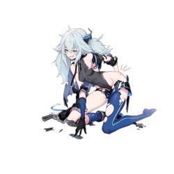 Rule 34 | 1girl, ass, bandaid, bare shoulders, black leotard, blue hair, boots, breasts, collarbone, fang, full body, girls&#039; frontline, gloves, grey jacket, groin, gun, hair between eyes, hair ornament, hand on back, hand on own ass, handgun, heart, heart-shaped pupils, jacket, leotard, looking away, mab pa-15, official art, open mouth, pa-15 (girls&#039; frontline), pistol, shanyao jiang tororo, sidelocks, single boot, skin fang, small breasts, smile, standing, symbol-shaped pupils, thigh strap, torn clothes, transparent background, weapon