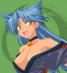 Rule 34 | 1girl, :d, bare shoulders, bell, neck bell, blue hair, breasts, collar, fang, green background, japanese clothes, kimono, kurenasm, long hair, open mouth, rance (series), sengoku rance, smile, solo, suzume (rance), tan, yellow eyes