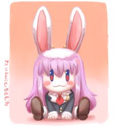 Rule 34 | 1girl, :3, animal ears, artist name, blush stickers, chibi, crescent, crescent pin, long hair, necktie, rabbit ears, rabbit girl, rabbit tail, red eyes, reisen udongein inaba, simple background, sitting, solo, sparkle71059204, tail, touhou