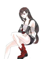 Rule 34 | 1girl, asymmetrical bangs, bare legs, black hair, breasts, cleavage, collarbone, crossed arms, earrings, elbow pads, eni (yoyogieni), final fantasy, final fantasy vii, fingerless gloves, gloves, highres, jewelry, large breasts, long hair, low-tied long hair, midriff, miniskirt, open mouth, red eyes, shirt, sitting, skirt, smile, solo, square enix, suspender skirt, suspenders, tifa lockhart, white background, white shirt