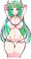 Rule 34 | 1girl, adapted costume, arms behind back, arms behind head, arms up, bikini, blush, breasts, circlet, cleavage, closed mouth, commentary request, cropped legs, enpe, green eyes, green hair, groin, highres, jewelry, kid icarus, large breasts, long hair, navel, neck ring, nintendo, palutena, parted bangs, simple background, smile, solo, stomach, super smash bros., swimsuit, thigh gap, underboob, very long hair, white background, white bikini, wide hips