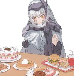 Rule 34 | 1girl, blush, burger, cake, cloak, doughnut, drooling, food, french fries, goddess of victory: nikke, goggles, goggles on head, grin, highres, k.uncomfortable, pancake, simple background, smile, snow white (nikke), solo, white background, white hair, yellow eyes