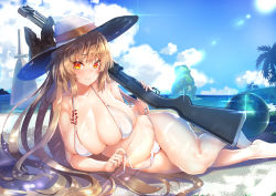 Rule 34 | 1girl, barefoot, beach, bikini, blue sky, blush, body markings, breasts, brown hair, cleavage, closed mouth, cloud, collarbone, day, foot out of frame, girls&#039; frontline, glint, gun, hat, highleg, highleg bikini, highres, holding, holding gun, holding weapon, ithaca m37, large breasts, long hair, looking at viewer, lying, m37 (girls&#039; frontline), m37 (summer parader) (girls&#039; frontline), navel, ocean, official alternate costume, on side, open clothes, orange eyes, outdoors, pump action, sand, shimofuri, shotgun, side-tie bikini bottom, sidelocks, skindentation, sky, smile, solo, stomach, string bikini, sun hat, swimsuit, thighs, untied bikini, very long hair, weapon, white bikini, white hat