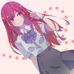 Rule 34 | 1girl, blush, bow, closed mouth, dutch angle, gradient background, kagawa yuusaku, long hair, looking to the side, original, red eyes, red hair, school uniform, signature, smile, solo