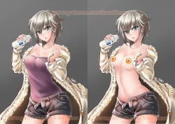 Rule 34 | 10s, 1girl, :o, anastasia (idolmaster), blonde hair, blue eyes, breasts, censored, cleavage, coat, cowboy shot, earrings, glass bottle, idolmaster, idolmaster cinderella girls, jacket, jewelry, kaorihero, looking at viewer, midriff, milk, navel, off shoulder, open clothes, open fly, open jacket, open mouth, signature, split screen, stomach, topless, unzipped, variations, watermark, web address, winter clothes