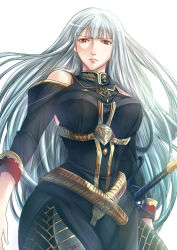 Rule 34 | 1girl, bare shoulders, breasts, closed mouth, commentary request, large breasts, long hair, military, military uniform, red eyes, selvaria bles, senjou no valkyria, senjou no valkyria (series), senjou no valkyria 1, sheath, sheathed, silver hair, solo, sword, uniform, urako (seiga), weapon, wide hips