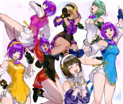 Rule 34 | asamiya athena, closed eyes, fingerless gloves, gloves, highres, hip attack, matching hair/eyes, oni gini, purple eyes, purple hair, short shorts, shorts, smile, snk, the king of fighters, the king of fighters xv