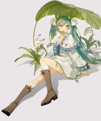 Rule 34 | 1girl, aqua eyes, aqua hair, banana leaf, boots, brown footwear, dress, full body, fur-trimmed boots, fur trim, grey background, hand up, hatsune miku, highres, holding, holding leaf, leaf, long sleeves, looking to the side, panties, pantyshot, rabbit, shadow, simple background, sitting, snowflake print, solo, underwear, vocaloid, white dress, white fur, wide sleeves, yue yue, yuki miku, yuki miku (2015)