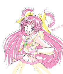 Rule 34 | 00s, 1girl, artist name, arudebido, cure dream, earrings, eyelashes, hair ornament, hair ribbon, hair rings, happy, jewelry, long hair, looking at viewer, magical girl, midriff, navel, one eye closed, open mouth, pink eyes, pink hair, precure, ribbon, shirt, simple background, sketch, skirt, smile, solo, white background, wrist cuffs, yes! precure 5, yumehara nozomi