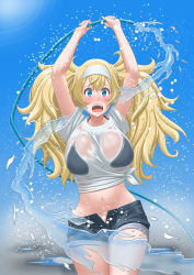 Rule 34 | 1girl, alternate costume, arms up, bikini, bikini top only, black bikini, blonde hair, blue eyes, blue sky, breasts, commentary request, cowboy shot, day, denim, denim shorts, gambier bay (kancolle), hair between eyes, hairband, highres, holding, holding hose, hose, kantai collection, large breasts, navel, outdoors, see-through, shirt, short shorts, short sleeves, shorts, sky, solo, swimsuit, t2r, twintails, wet, wet clothes, wet shirt, white hairband, white shirt